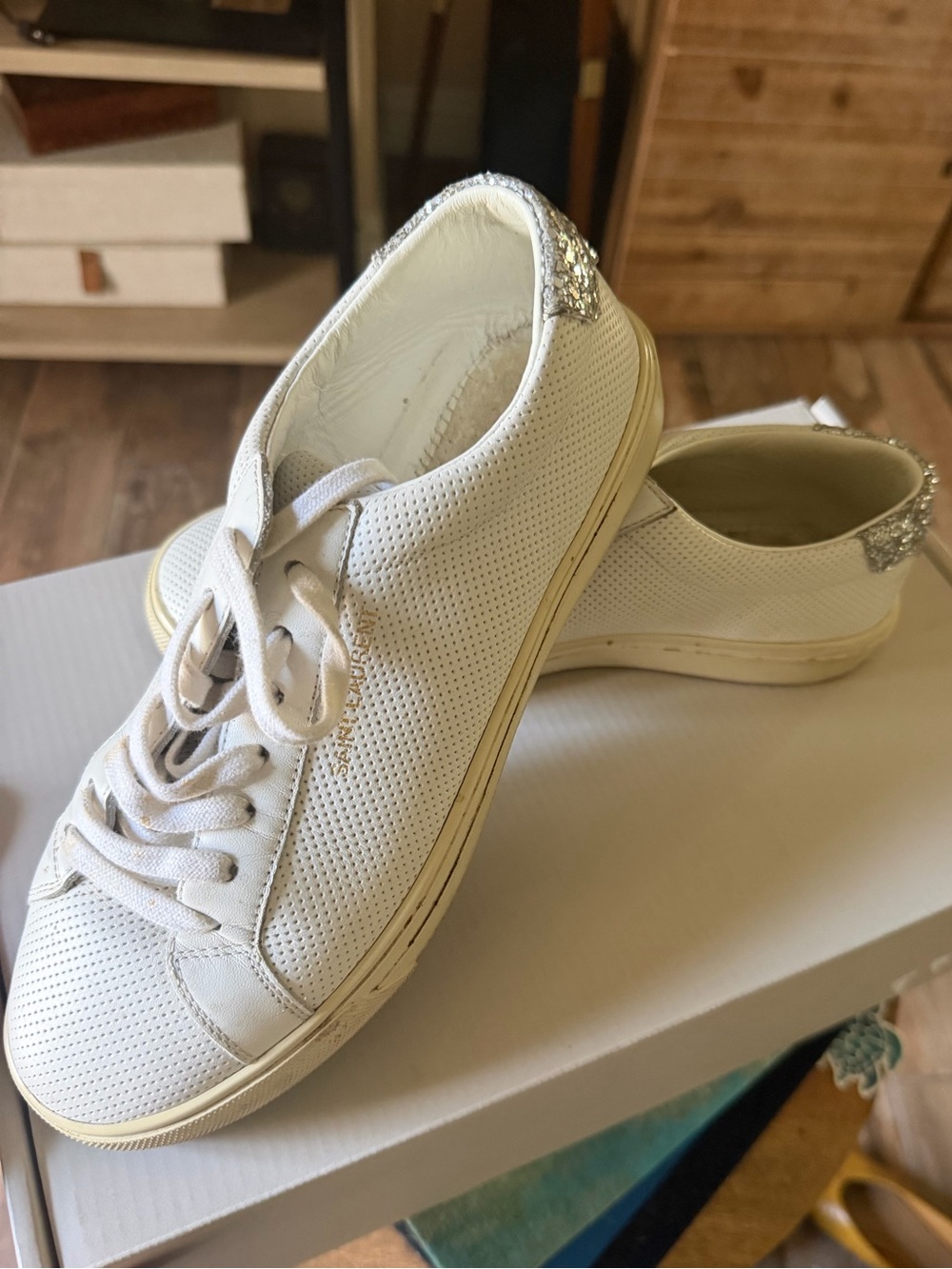 Authentic Saint Laurent White Perforated Sneakers with Silver Glitter size 6.5